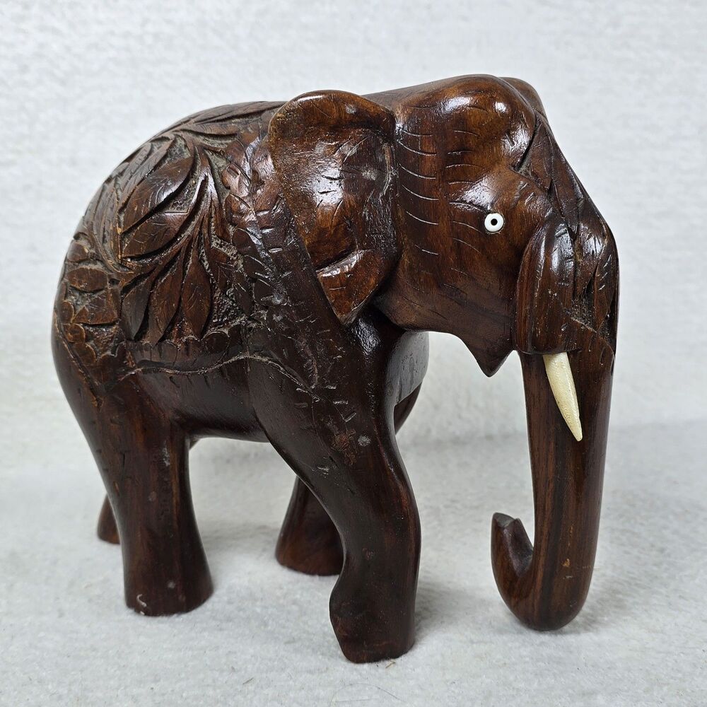 Vintage Hand Carved Dark Wood Elephant Statue Boho Folk Figurine MCM Decor